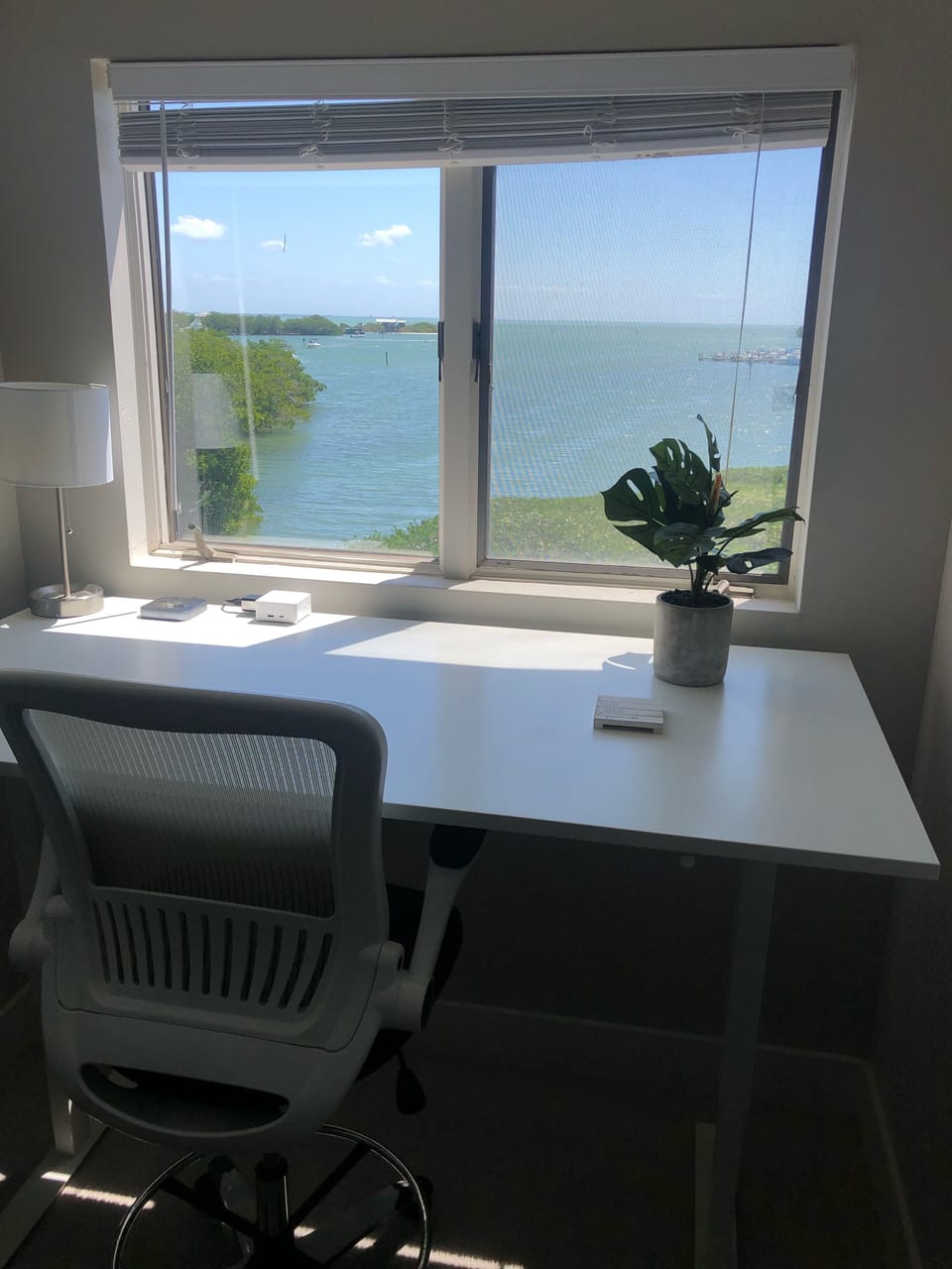 Work with a view! Adjustable height desk with fast internet makes it easy!
