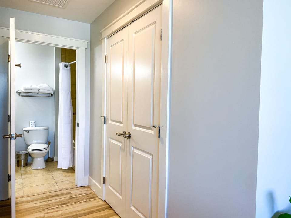 Large closet with iron/ironing board + hangers + luggage rack!