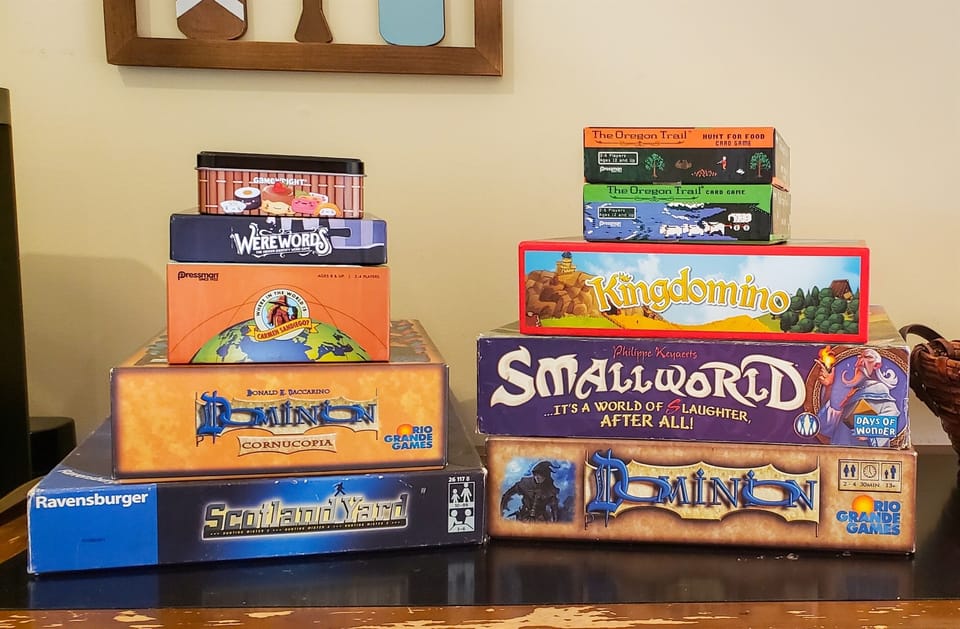 Many board game options are available for a rainy evening by the fire!