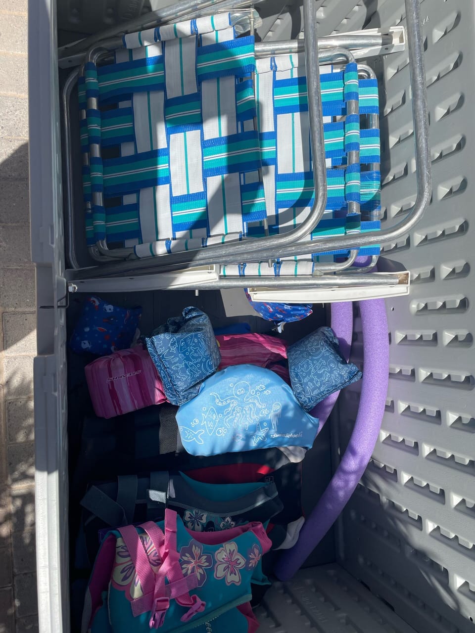 Lounge chairs, Life Vests, Floaty Play Sticks 
