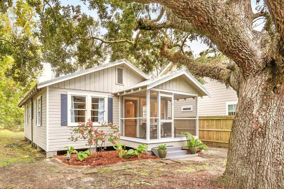 Oak framed cottage.   Screened front porch affords most outdoor comfort.  