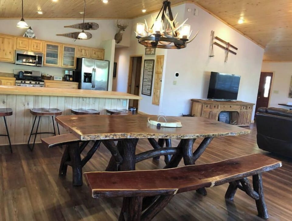 View from dining into kitchen and living