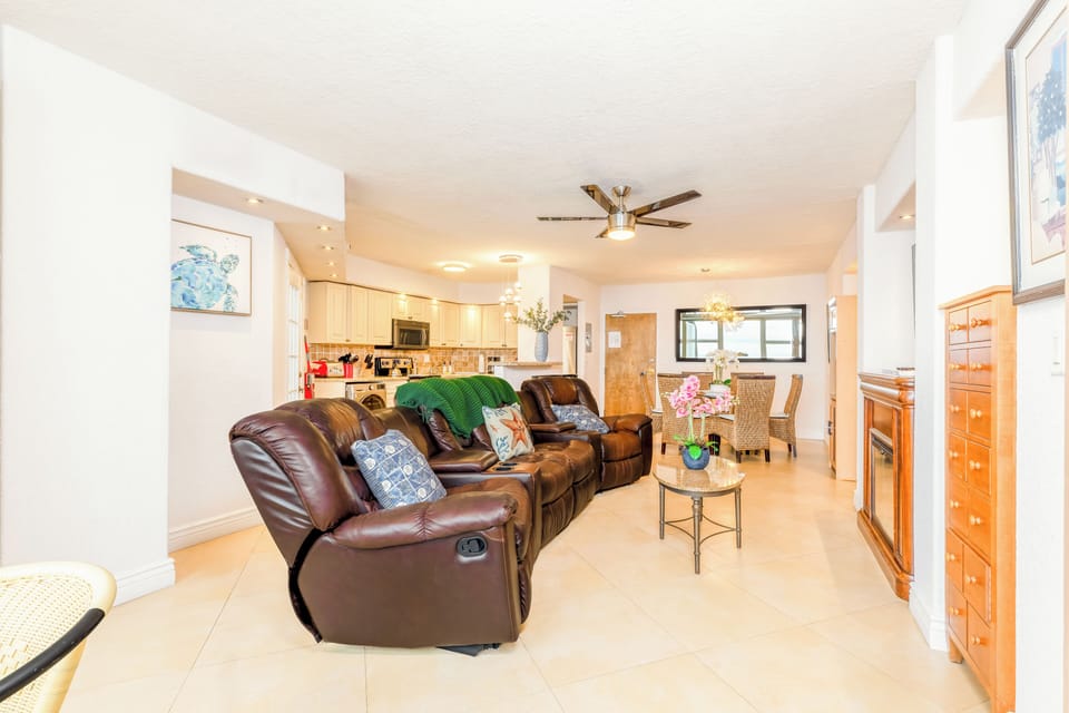 View of the living room, dining room and kitchen.