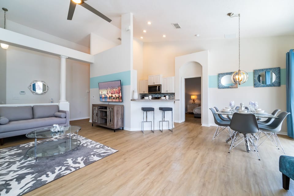 view from living room of the dining and kitchen area
