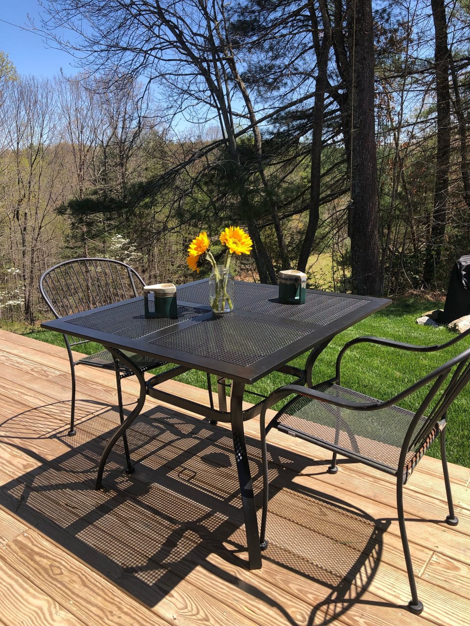Front porch overlooking field and fire-pit area