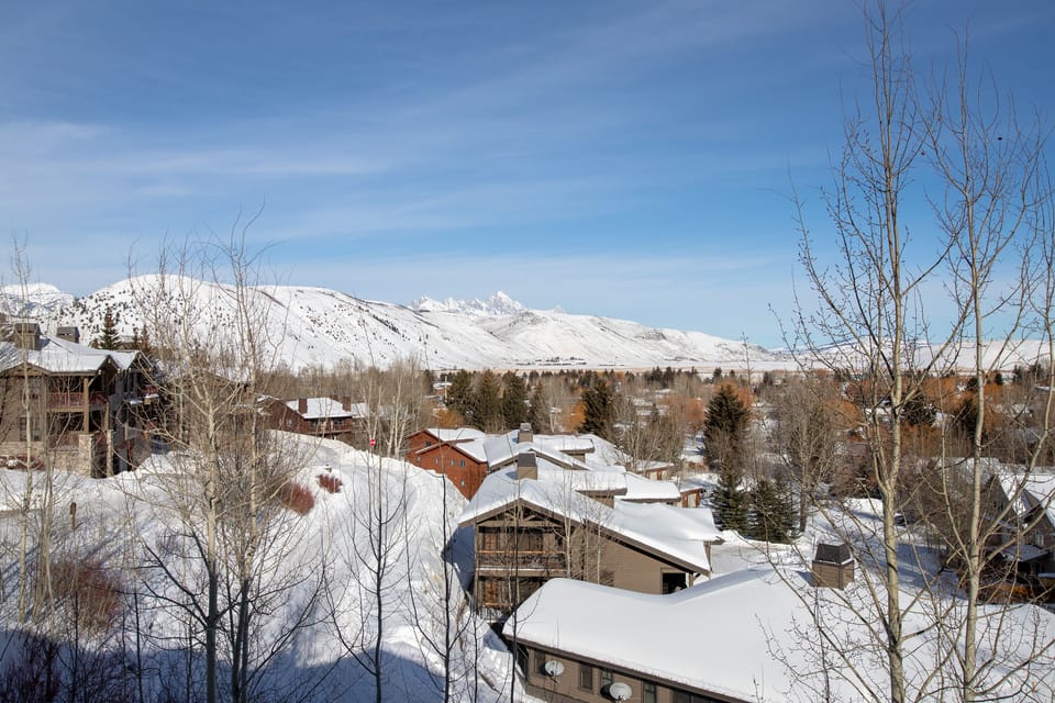 Teton view from private balcony off living room