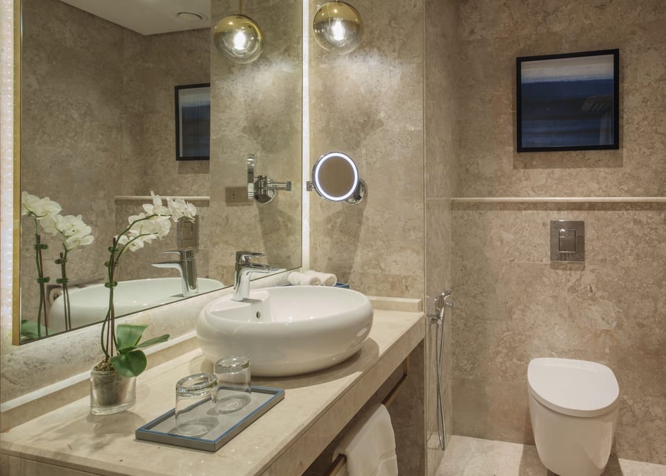 Shower, rainfall showerhead, free toiletries, hair dryer