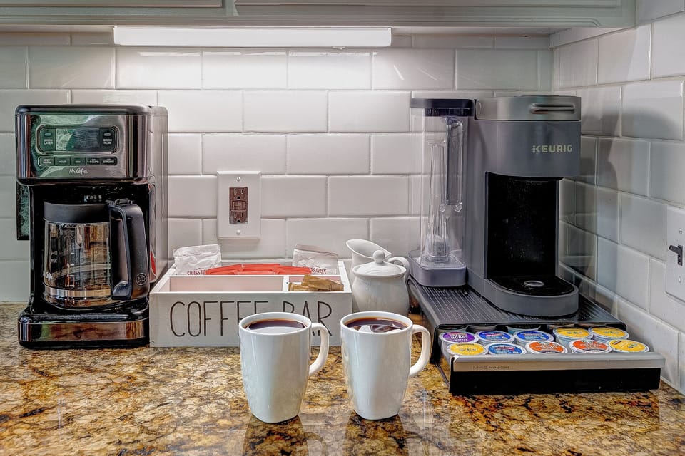 The coffee bar comes stocked with K-Cups and grounds – enjoy both Keurig and drip options for early risers and slow mornings alike.
