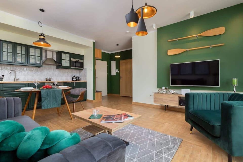 Another angle of the living room with a mounted TV, modern furniture, and green accent walls. Wooden oars are used as decorative wall art.