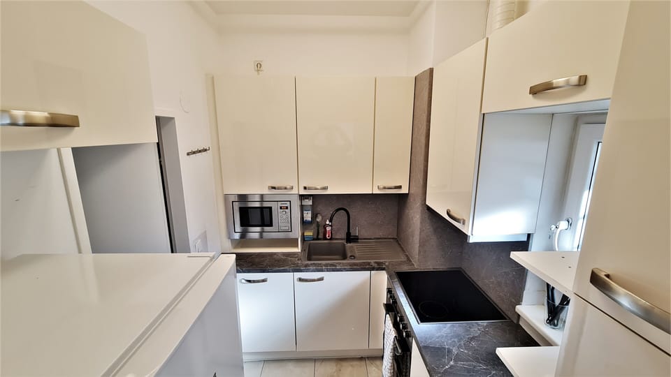 Luxury Apartment | Private kitchen | Full-size fridge, microwave, oven, stovetop
