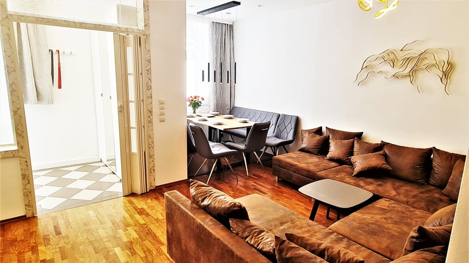 Luxury Apartment | Private kitchen | Full-size fridge, microwave, oven, stovetop