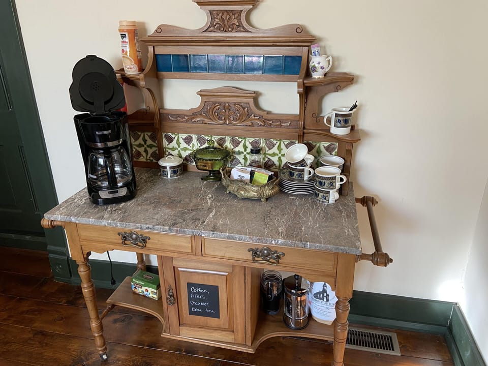 Coffee and Tea bar on 1890s antique hutch