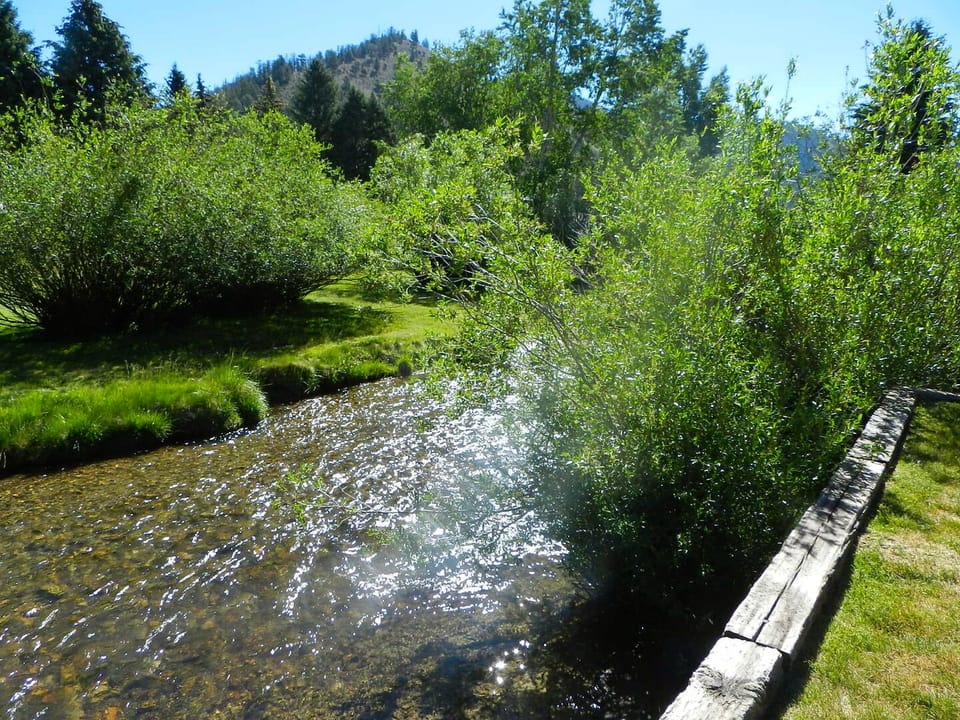 A peaceful creek flows through the property grounds, surrounded by lush greenery and framed by forested hillsides under a clear blue sky.