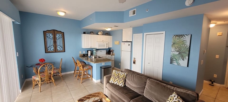 The living room & the kitchen area .