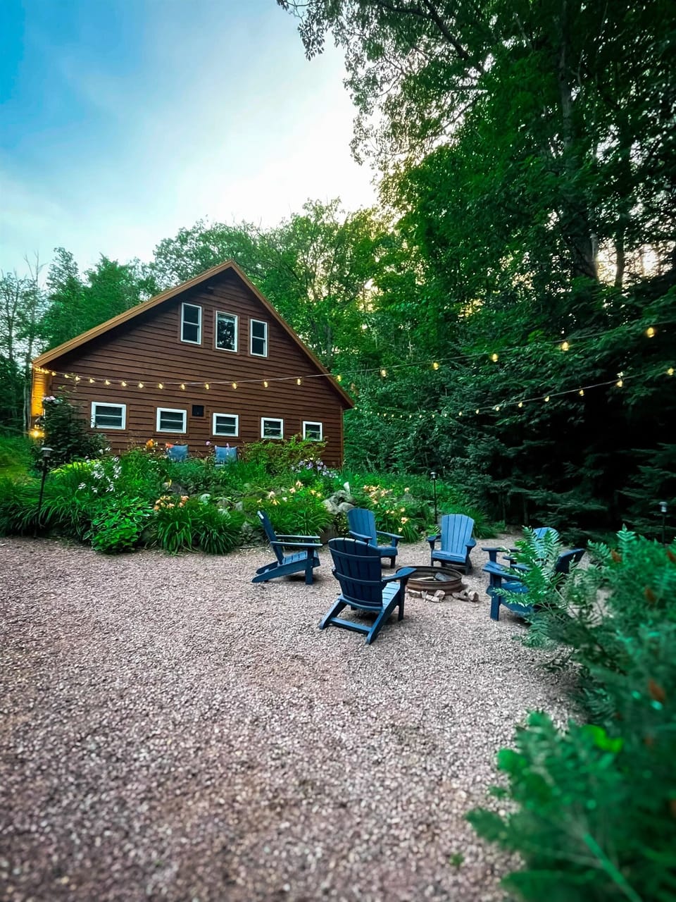 New* feature:  solar powered automatic string lights over the campfire area making it dimly lit at dark. The perfect ambiance. 