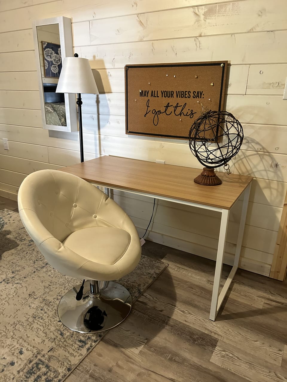 desk and chair on lower level