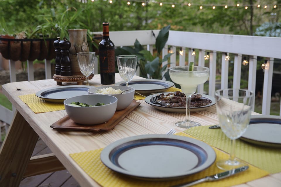 Dinner on the back deck is magical. Watch the deer stroll by and the sounds