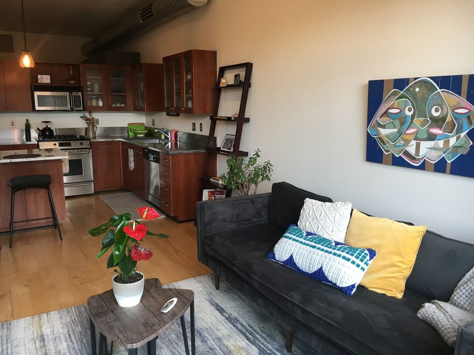 Comfortable 8ft velour sofa for movies, reading, or bird watching  