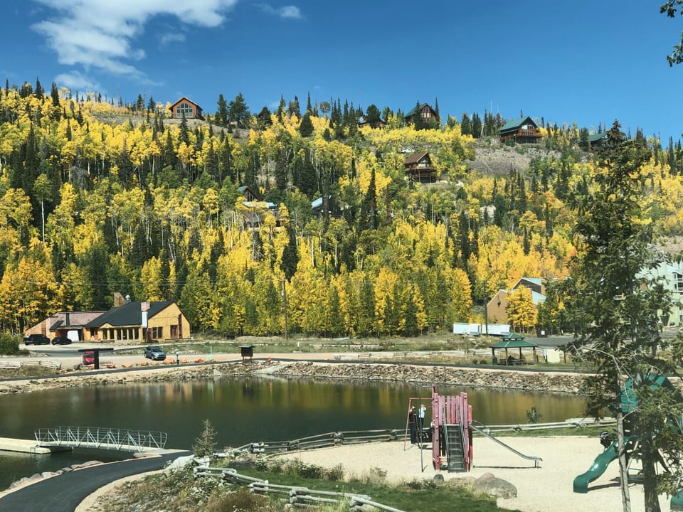 Local pond for finish, playground, sport courts with balls available for use