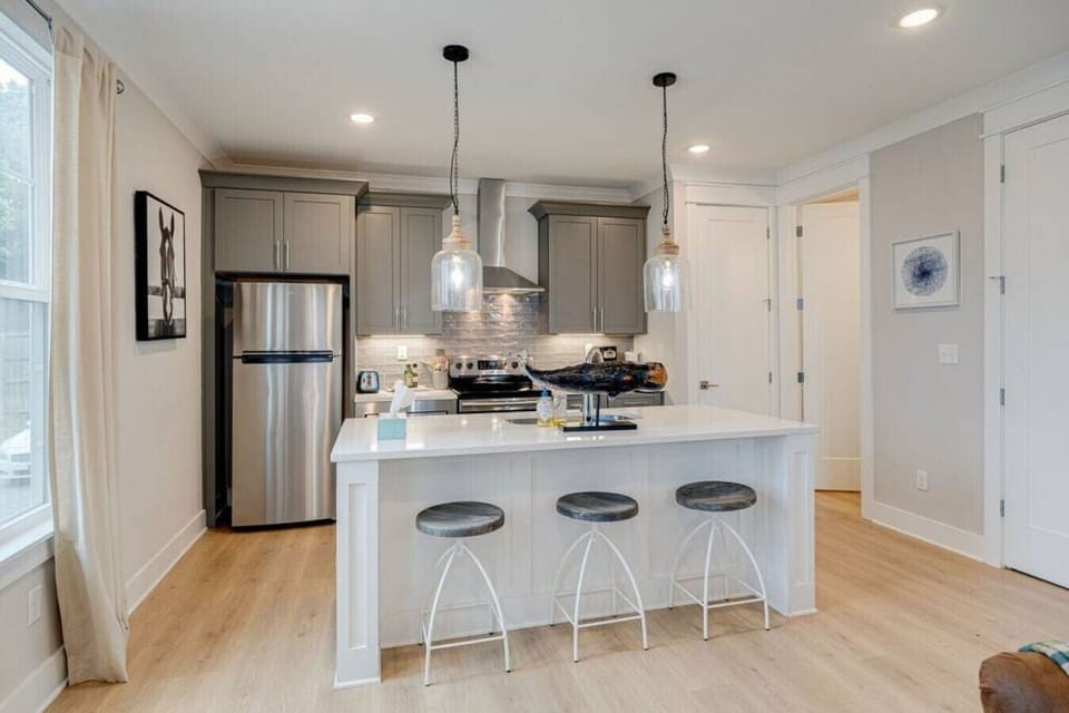Full kitchen with island and pantry