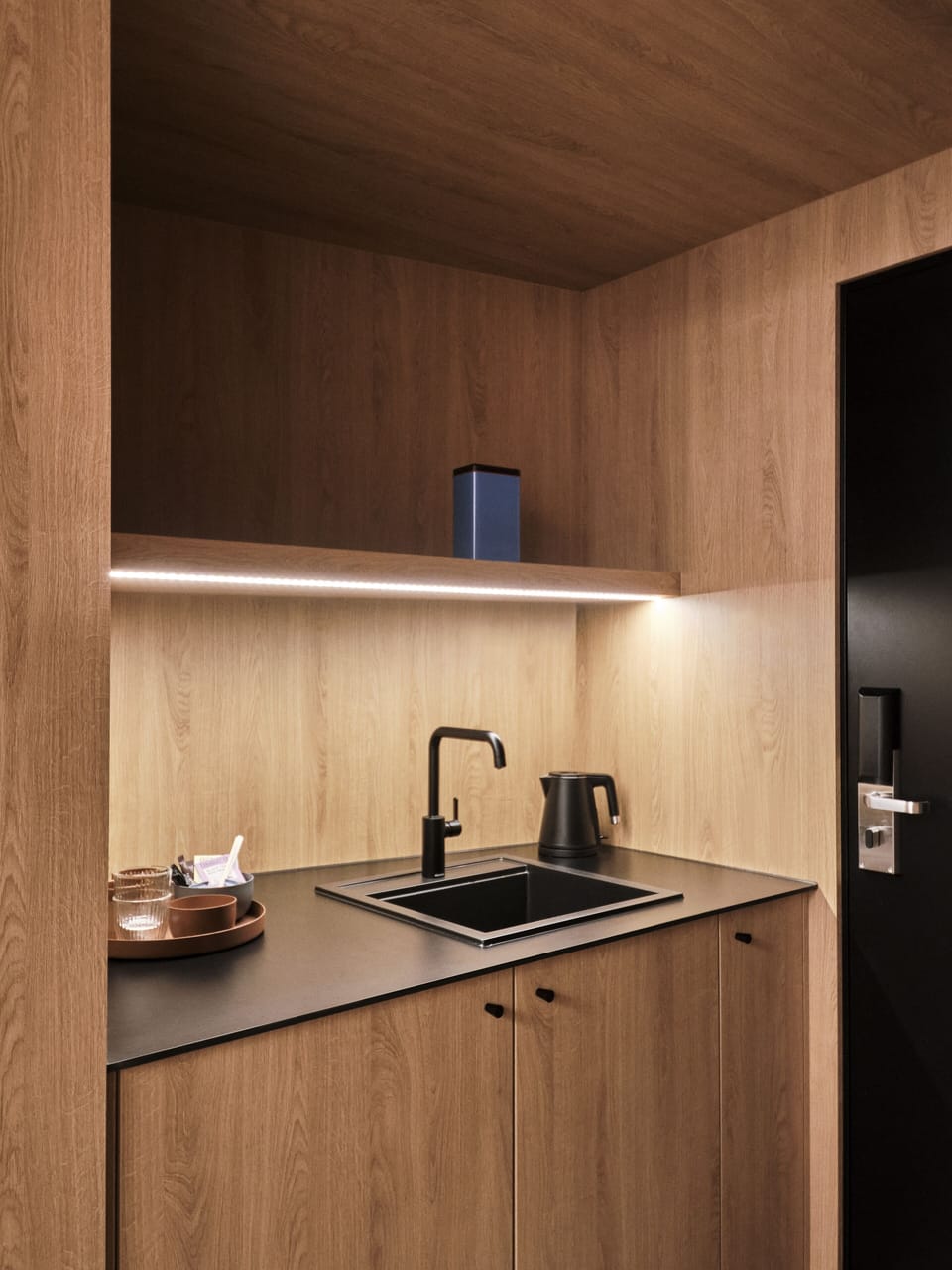 Mini-fridge, coffee/tea maker, electric kettle