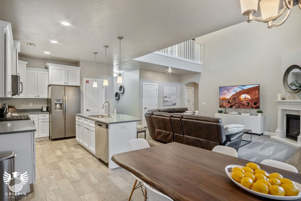Open concept living room, kitchen and dining area