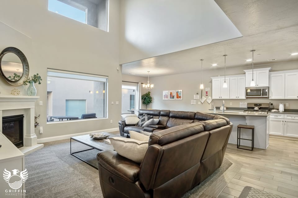 Living room, kitchen and dining area