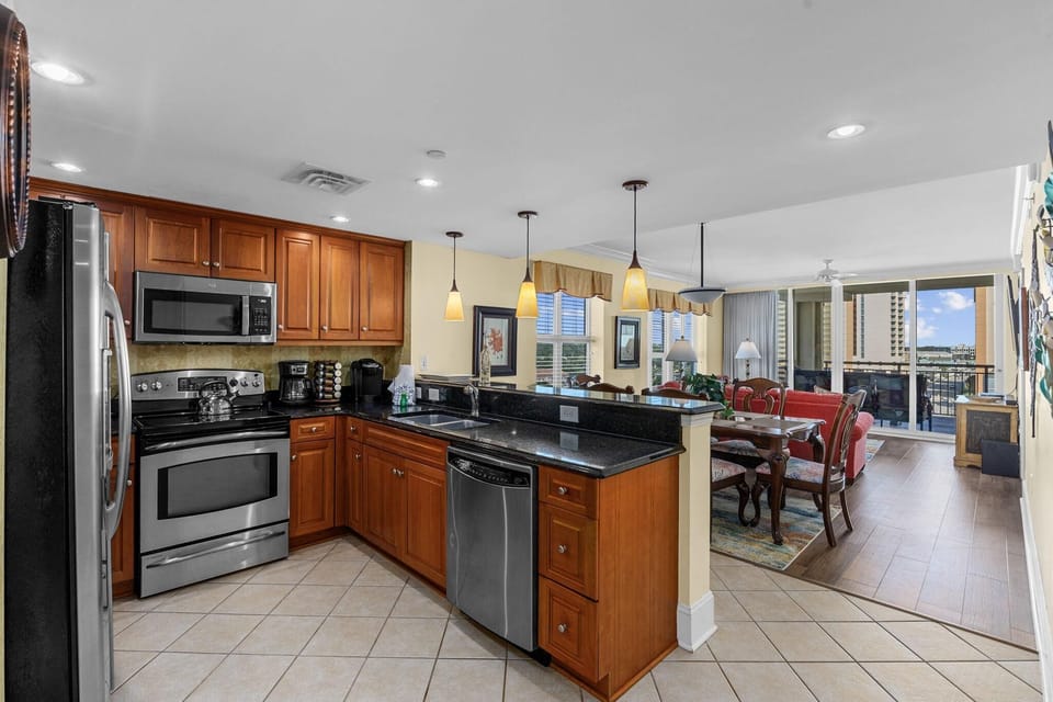 Spacious kitchen and dining area with modern amenities
