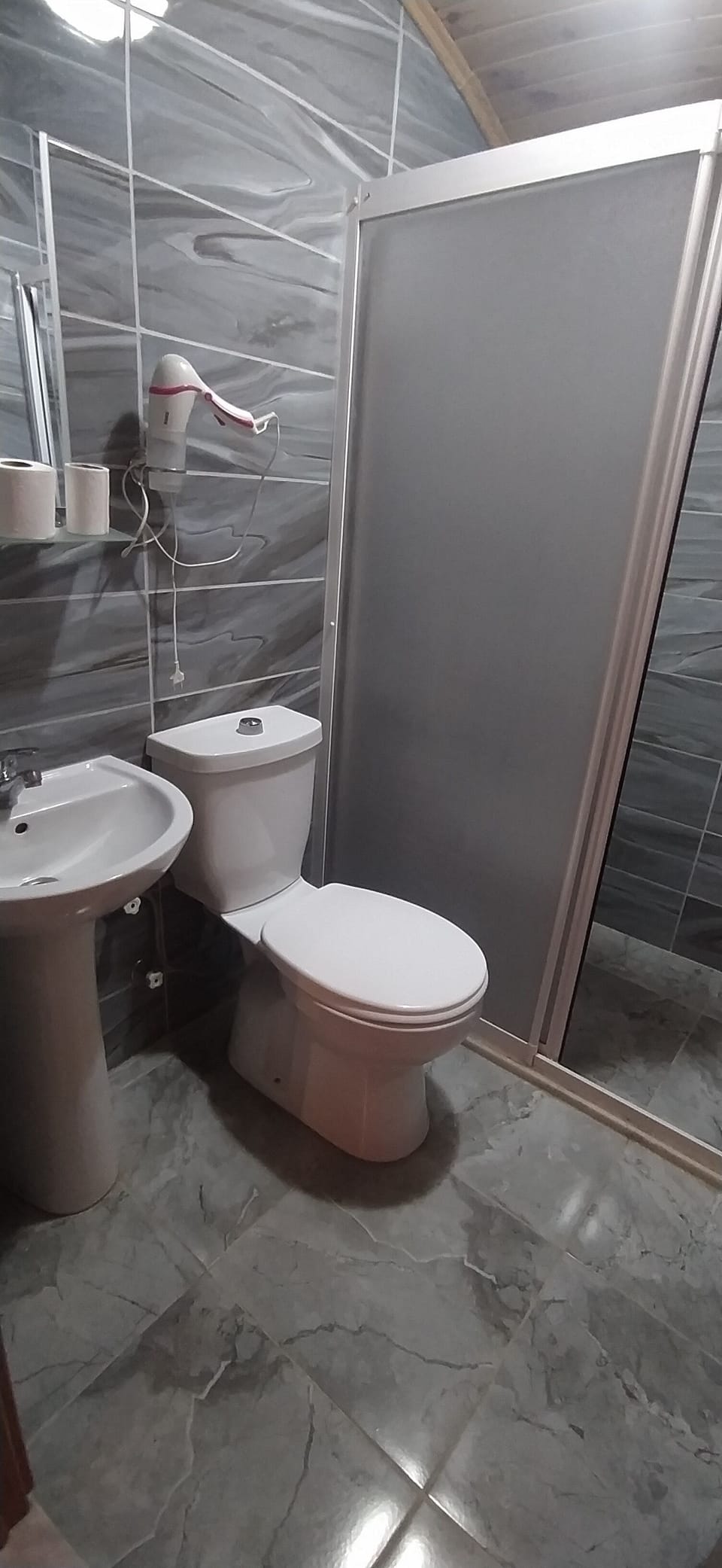 Shower, free toiletries, hair dryer, towels
