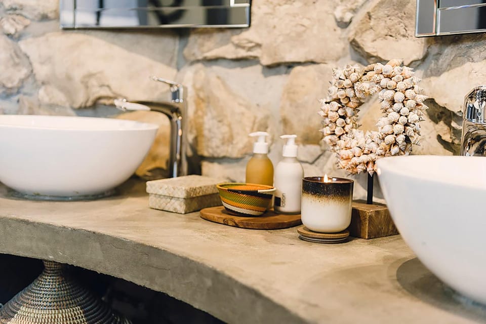 Separate tub and shower, deep soaking tub, designer toiletries