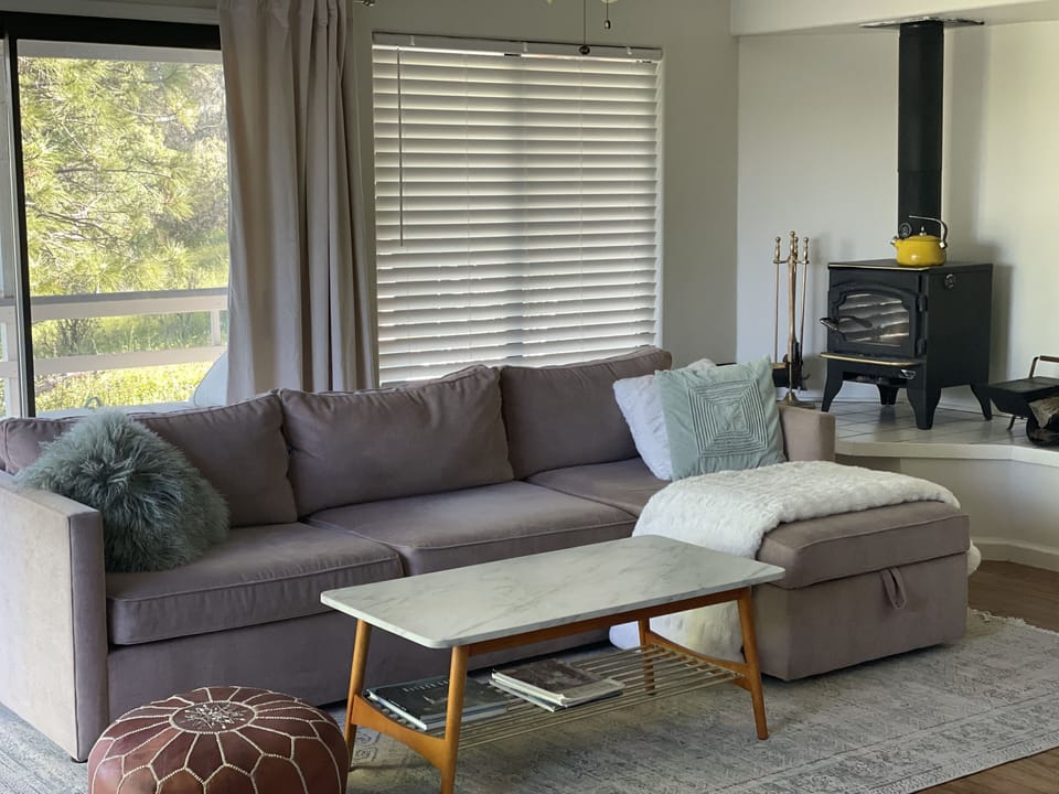 Living room with wood burning stove