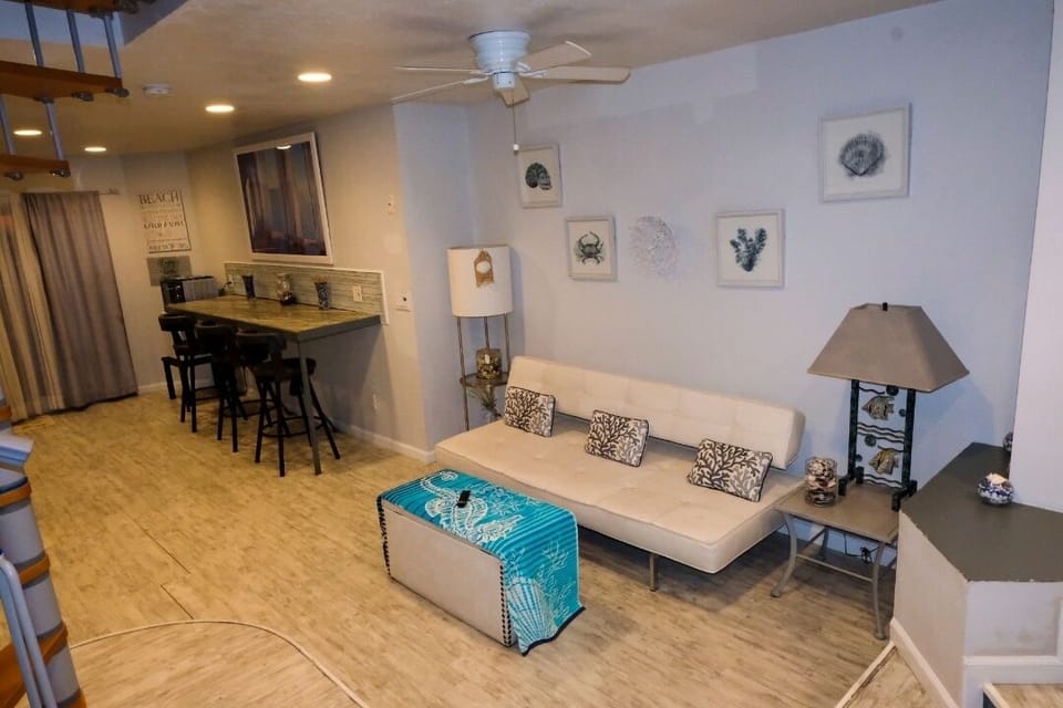 living room with leather futon couch used also for sleeping.