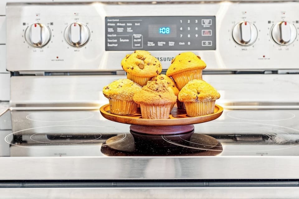 The main kitchen is on the main floor (stove stage with muffins).
