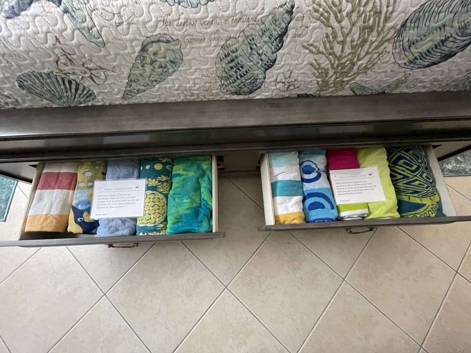 No need to pack beach towels! Just wash & return to the drawers when your done.