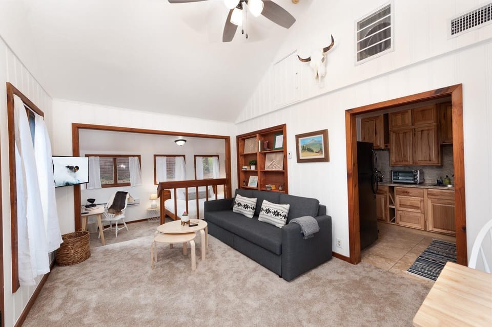 Living room with ceiling fan. View of the kitchenette behind the couch. Queen sleeper sofa.