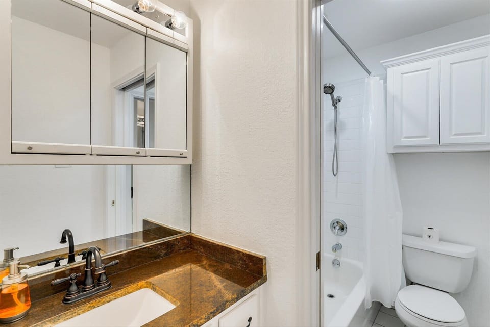 Full bathroom with a granite vanity and a large mirror.
