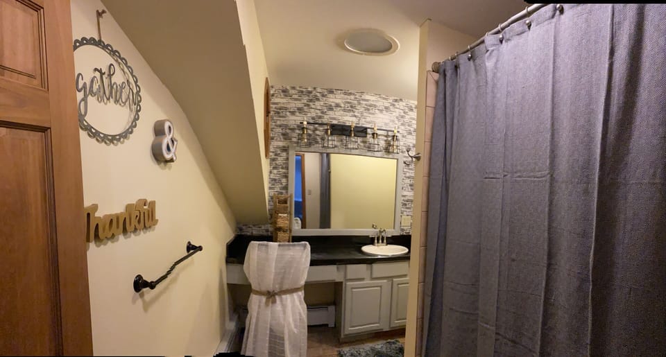 Master bathroom
Updated January2024
new shower curtain, rugs and paint