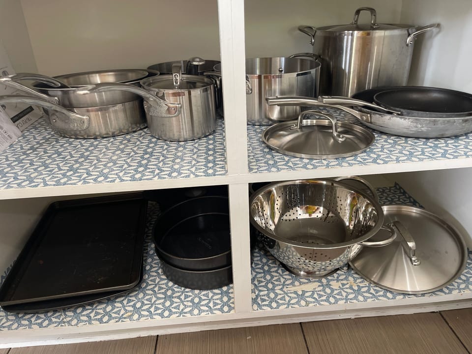 Pots & pans of all sizes, with backups.