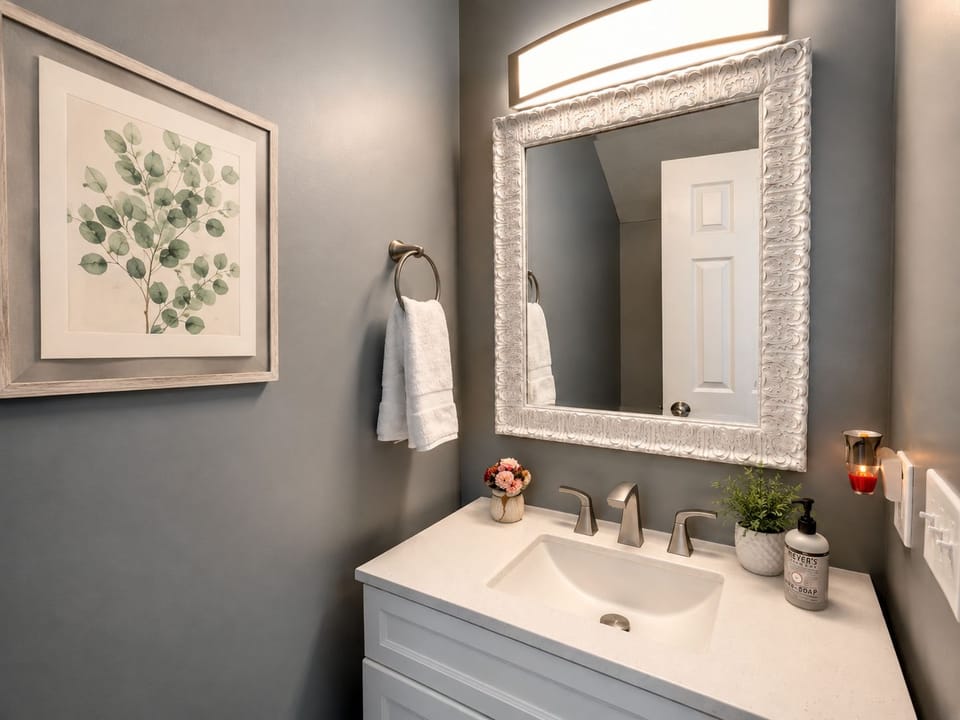 Half bath with toilet and sink is downstairs