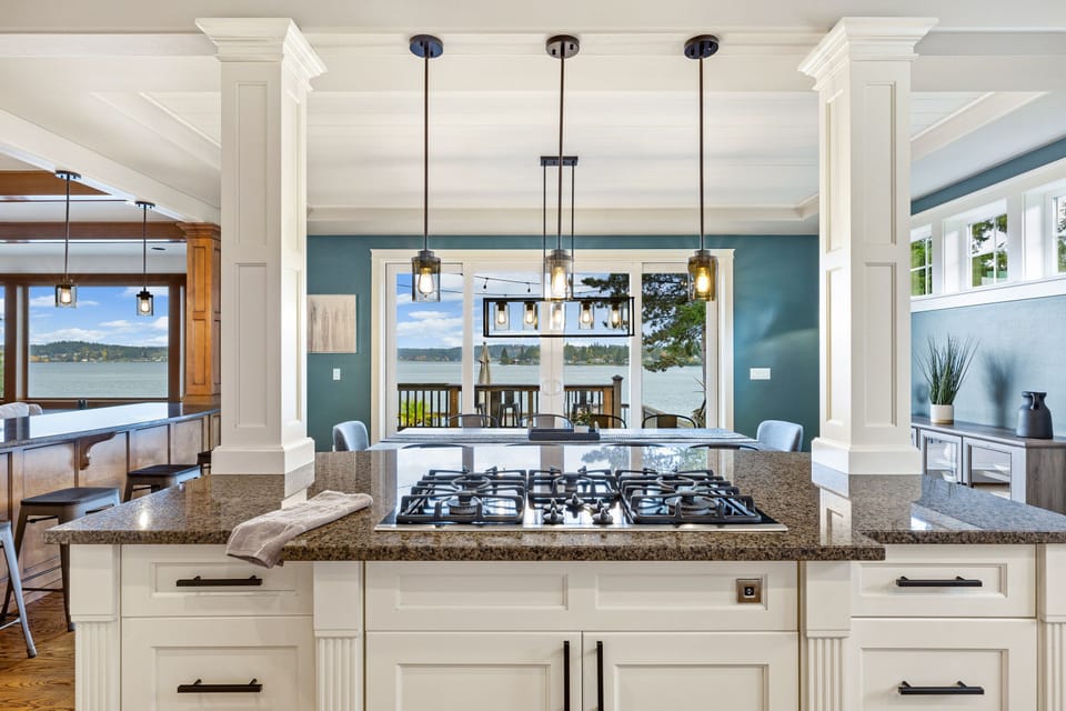 In the kitchen, looking out to the water