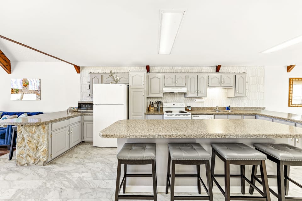 Recently renovated, our kitchen has all the essential cookware, full-sized stove/oven, microwave, and dishwasher.