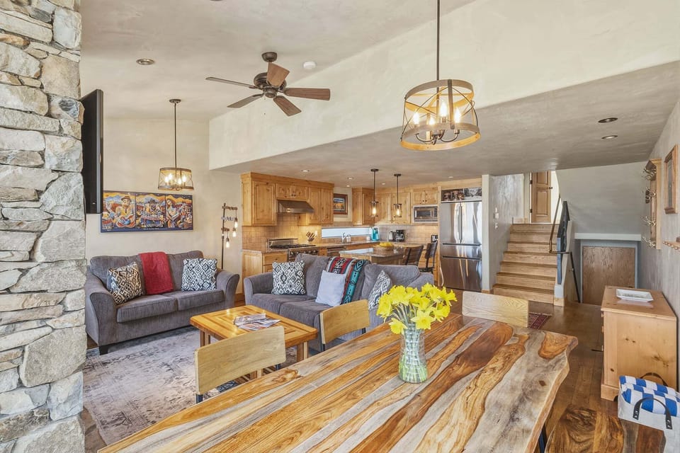 The inviting living room is perfect for movie nights, morning coffee, or après-ski downtime.