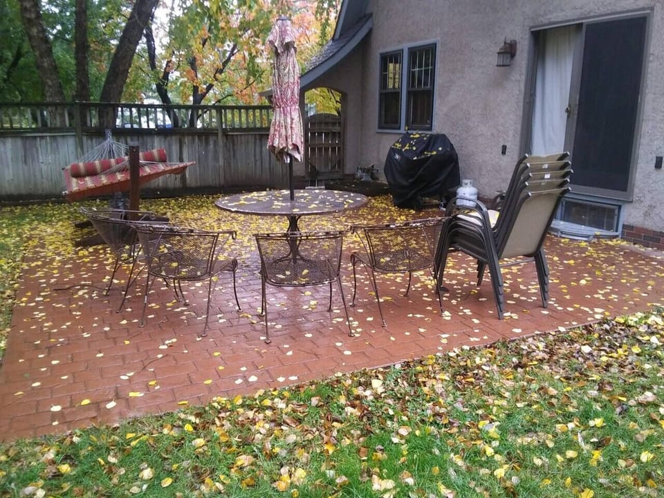 Pation with table, chairs, hammock, and grill
