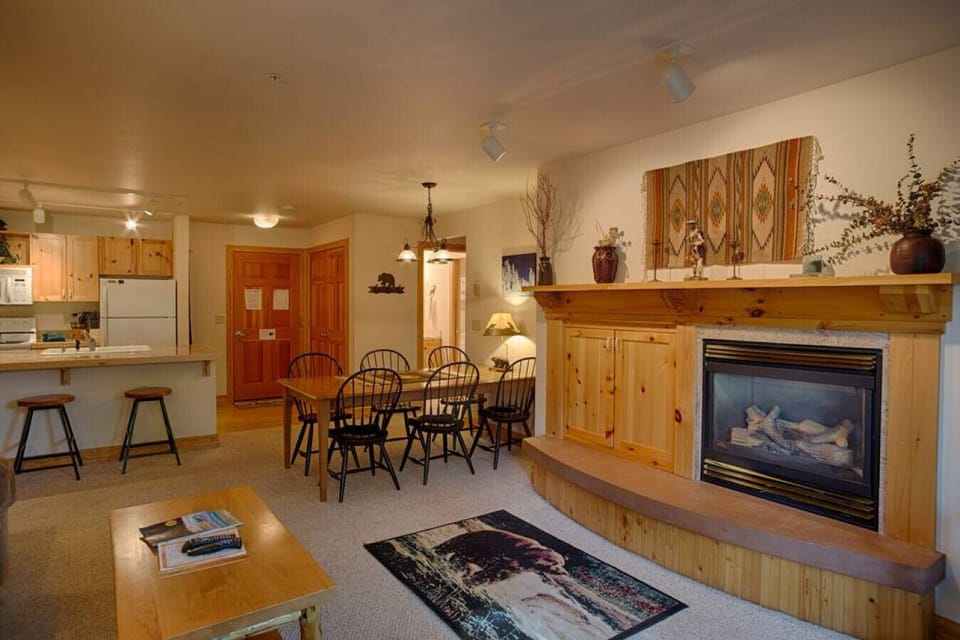 Main room, kitchen, dining, living area, fireplace