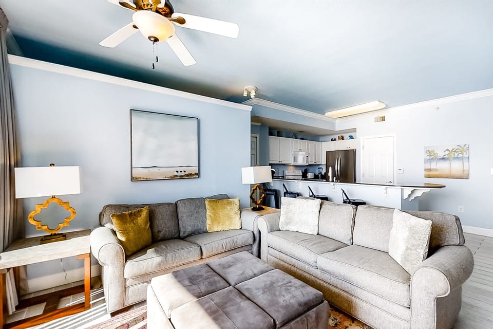 Queen sleeper sofa in the living room—extra flexibility for 6 guests