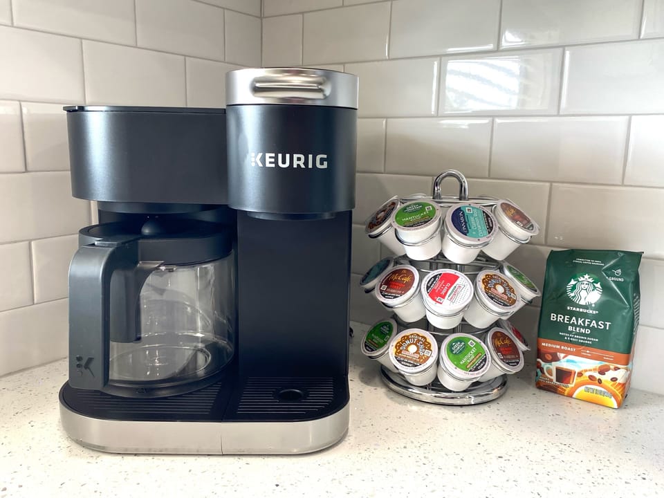 The kitchen is stocked with coffee for the K-Duo, which makes a pot or cup. 