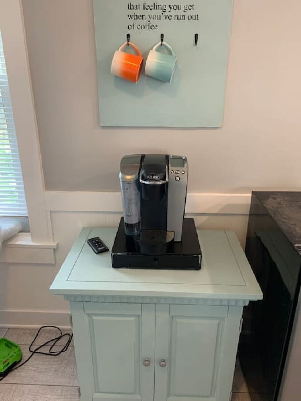Keurig coffee bar with choices of coffee with cream and sugar