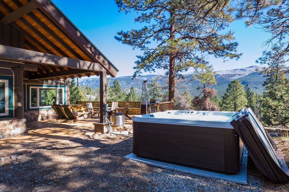 Private hot tub with awesome views, gas fire pit and space heater and tons of outdoor seating