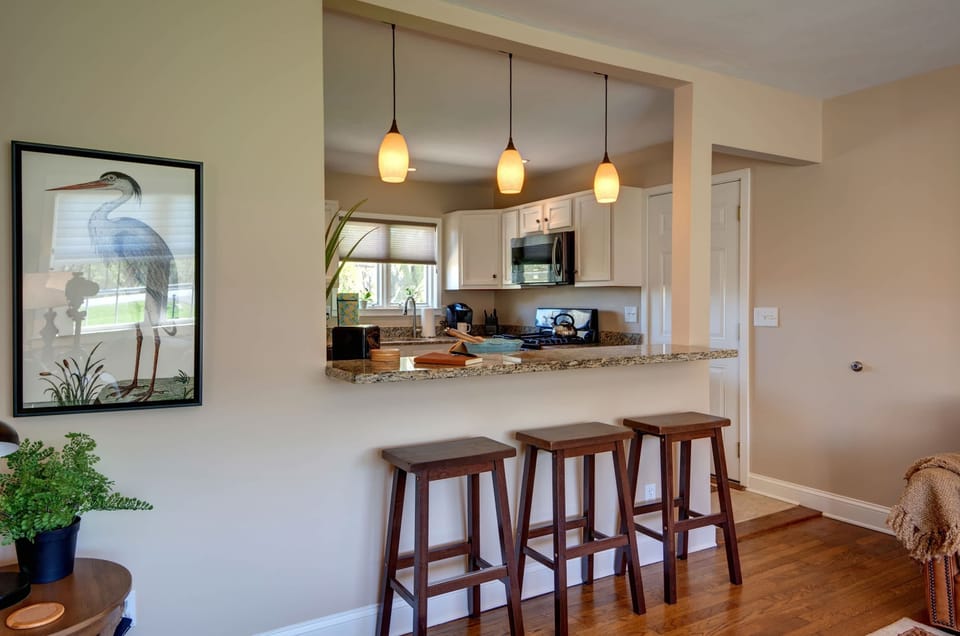 View of kitchen peninsula from living room