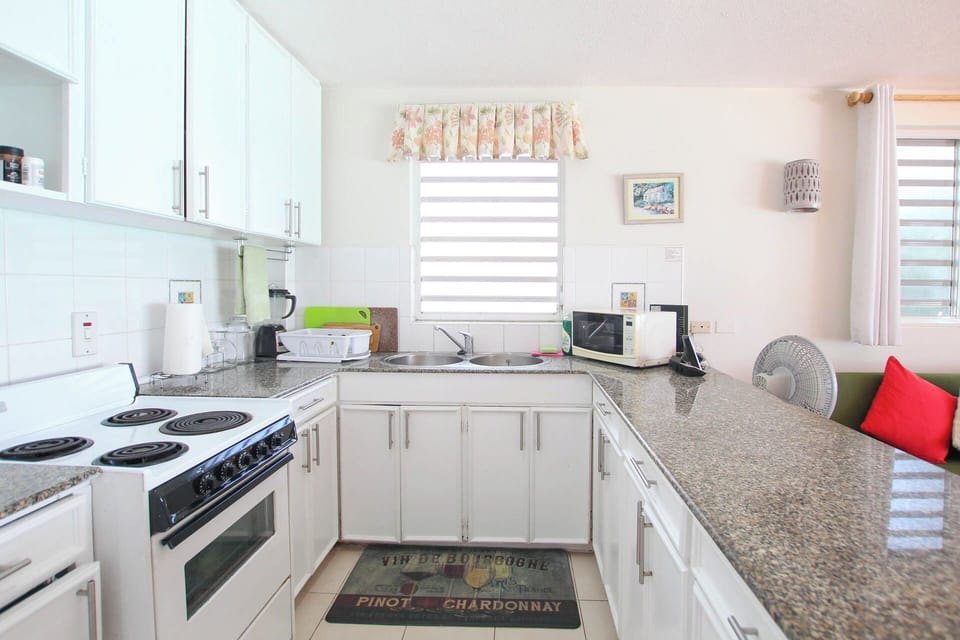 Fully equipped kitchen with stove, oven, microwave and kitchen equipment